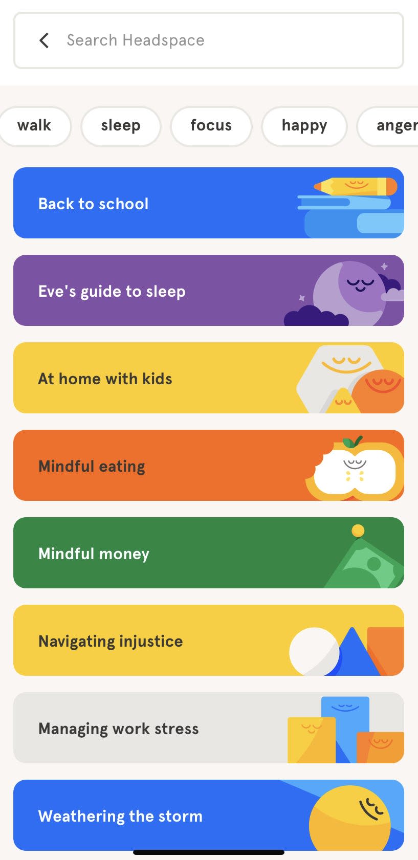 various colorful panels of meditation themes in a screenshot of the meditation app Headspace