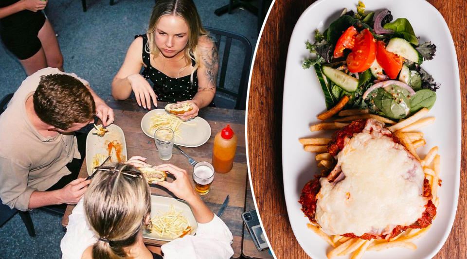 Three people eating pub meals with beers and an inset of a chicken parmi.  