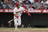 Los Angeles Angels' Andrew Velazquez runs to first base after hitting an RBI single during the second inning of a baseball game against the Chicago White Sox Monday, June 27, 2022, in Anaheim, Calif. (AP Photo/Jae C. Hong)