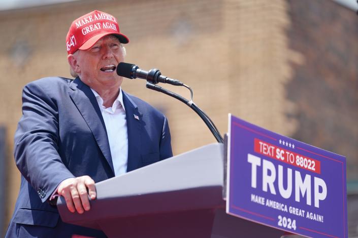 Former President Donald Trump speaks to crowd during a campaign event on July 1, 2023 in Pickens, South Carolina.