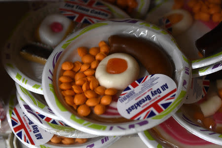 A plate of sweets in the form of a fried breakfast is displayed for sale in Skegness, Britain March 3, 2019. REUTERS/Clodagh Kilcoyne