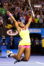 Serena Williams jumps for joy as she defeats Maria Sharapova.