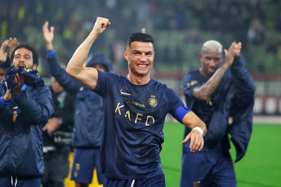 BURAYDAH, SAUDI ARABIA - DECEMBER 30: Cristiano Ronaldo of Al Nassr celebrates after winning the Saudi Pro League match between Al-Taawoun and Al-Nassr at King Abdullah Sport City Stadium on December 30, 2023 in Buraydah, Saudi Arabia. (Photo by Yasser Bakhsh/Getty Images)