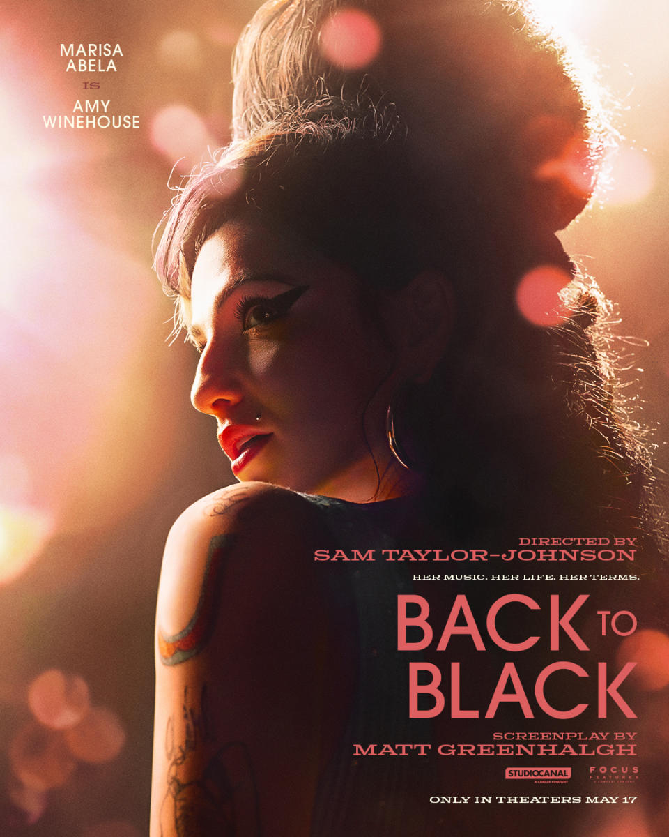 Poster for "Back to Black" film with Marisa Abela as Amy Winehouse, side profile, tattoos visible. In theaters May 17