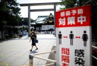 Measure notice to prevent the spread of the coronavirus disease (COVID-19) is displayed at Yasukuni Shrine for the war dead, amid the coronavirus disease (COVID-19) pandemic, in Tokyo