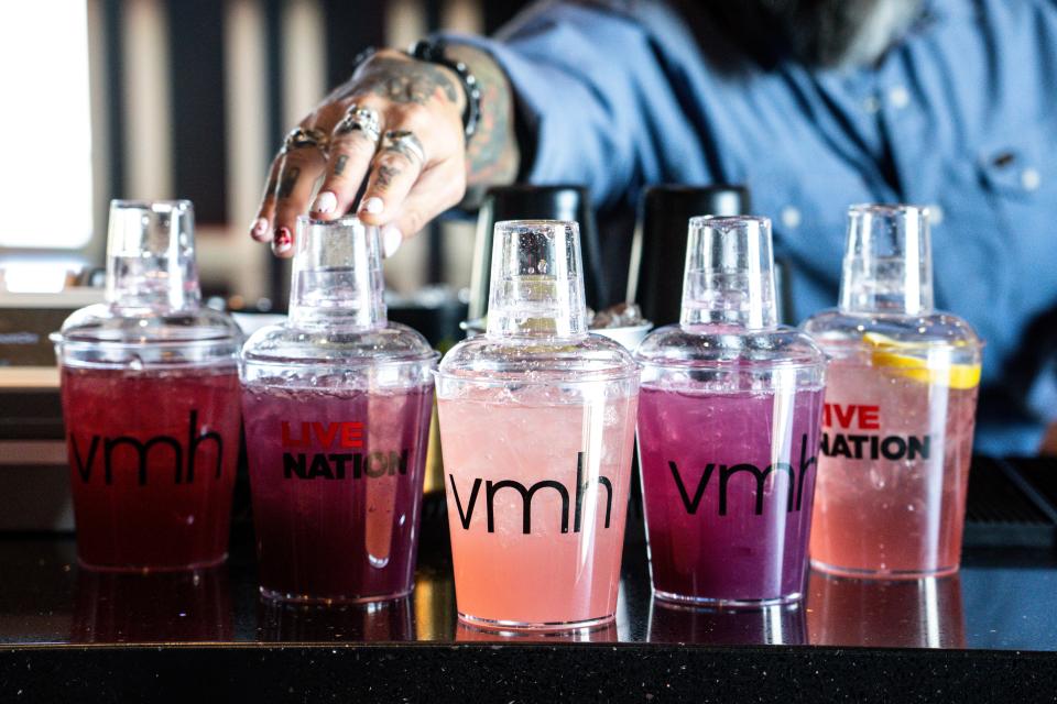 Five original shaker cocktails are seen inside the Red Room at Vibrant Music Hall on Thursday, November 2, 2023 in Waukee.