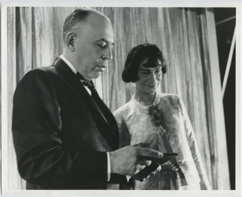 Stanley Marcus with Coco Chanel at Neiman Marcus Fashion Exposition Award Presentation in 1957.