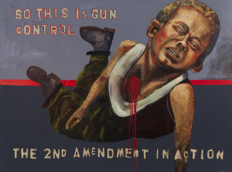 So this is Gun Control, painted by John Mellencamp, using a photo of his then small son Speck as a model. “Nobody likes that painting but I felt it needed to be said,” Mellencamp said in our <a href="https://www.spin.com/2023/02/john-mellencamp-painter/" rel="nofollow noopener" target="_blank" data-ylk="slk:article;elm:context_link;itc:0;sec:content-canvas" class="link ">article</a> with him.