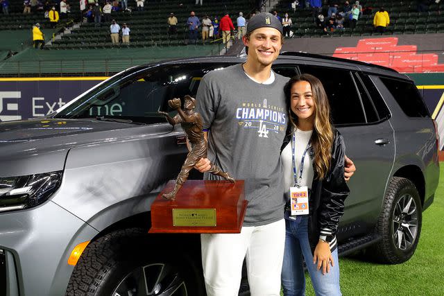 <p>Alex Trautwig/MLB Photos via Getty</p> Corey Seager and his wife Madisyn celebrating during the 2020 World Series.