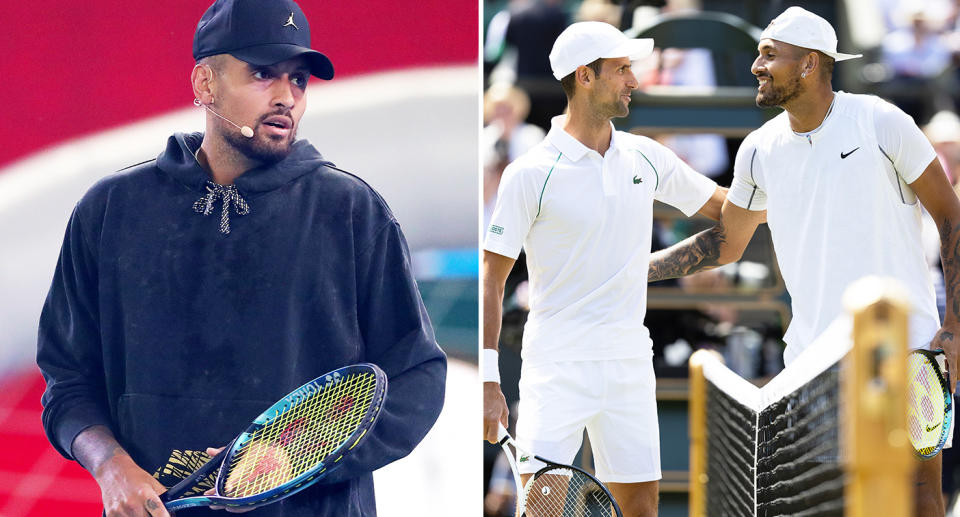 Pictured Nick Kyrgios left and right with Novak Djokovic at Wimbledon