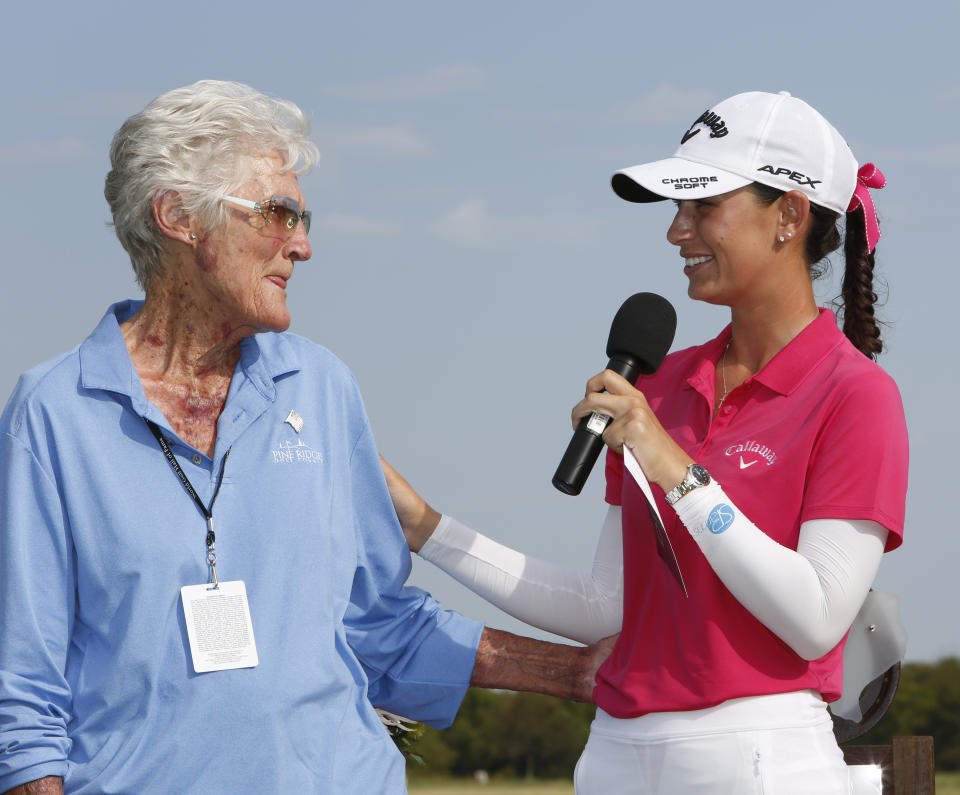 CORRECTS DATE TO SATURDAY, DEC. 24, 2022, NOT SATURDAY, DEC. 25, 2022. - FILE - All time winningest professional golfer, Kathy Whitworth, left, congratulates Cheyenne Knight after Knight won the LPGA 2019 Volunteers of America golf tournament, Oct. 6, 2019, at Old American Golf Club in The Colony, Texas. Former LPGA Tour player Whitworth, whose 88 victories are the most by any golfer on a single professional tour, died on Saturday, Dec. 24, 2022, night, her longtime partner said. She was 83. (AP Photo/David Kent, File)