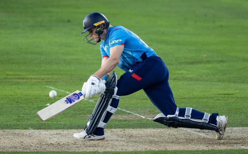 Jacob Bethell of England hits the ball over the boundary for six during the 4th Metro Bank One Day International at Lord's Cricket Ground on September 27, 2024 in London, England