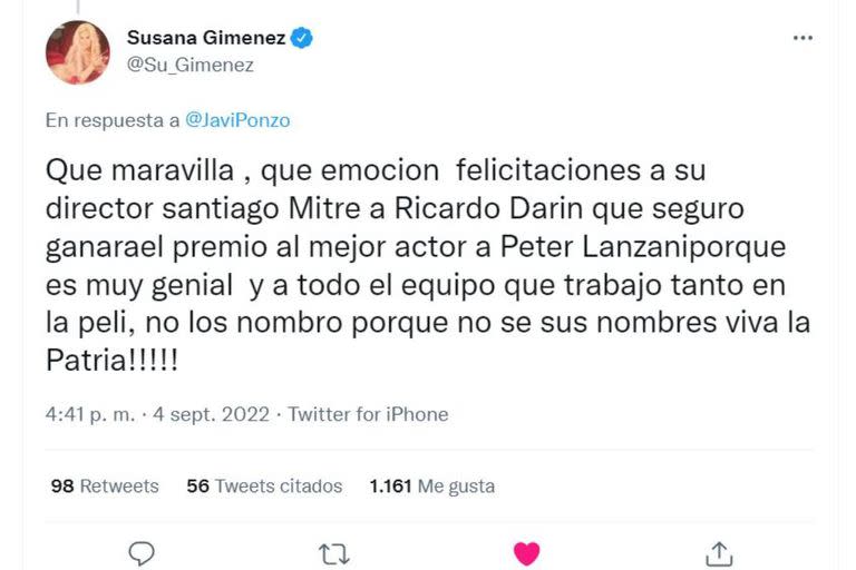 Susana Giménez expresó su felicidad por el presente del filme Argentina, 1985, y de sus hacedores, en el Festival de Venecia