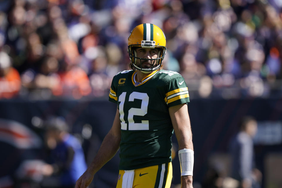 Green Bay Packers' Aaron Rodgers looks across the field during the first half of an NFL football game Chicago Bears Sunday, Oct. 17, 2021, in Chicago. (AP Photo/Nam Y. Huh)
