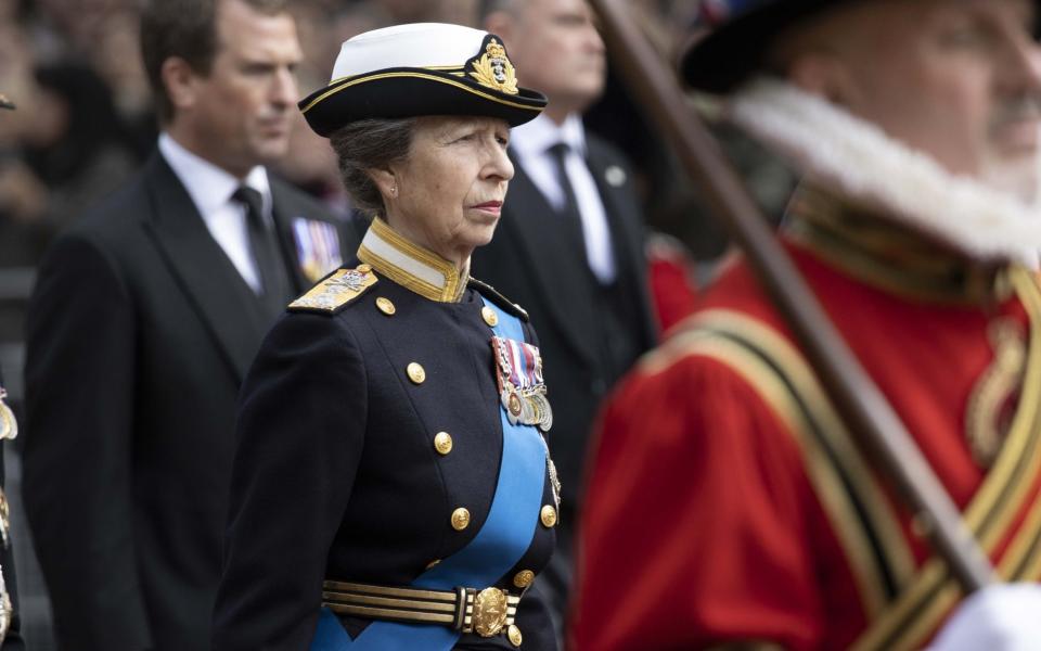 The Princess Royal walks behind the coffin of Queen Elizabeth II in London, United Kingdom on September 19, 2022