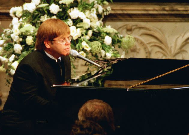 Elton performing a rewritten version of his song Candle In The Wind as a tribute to Diana, Princess of Wales, at her funeral (Photo: PA Images via Getty Images)