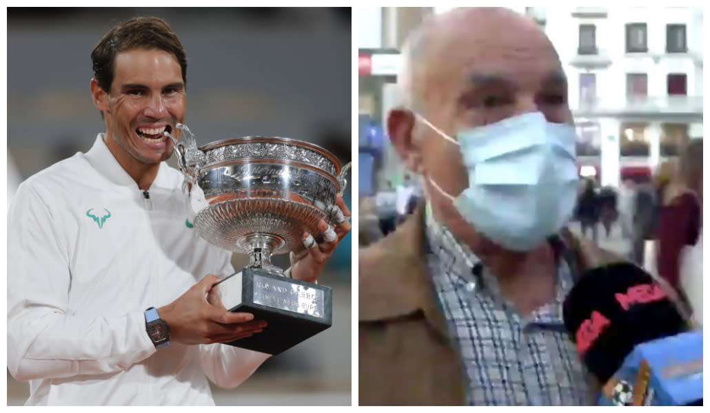 Rafa Nadal mordiendo el trofeo de Rolland Garros y un hombre siendo preguntado por él en la calle. (Fotomontaje: AP/Michel Euler y Twitter/@elchiringuitotv)