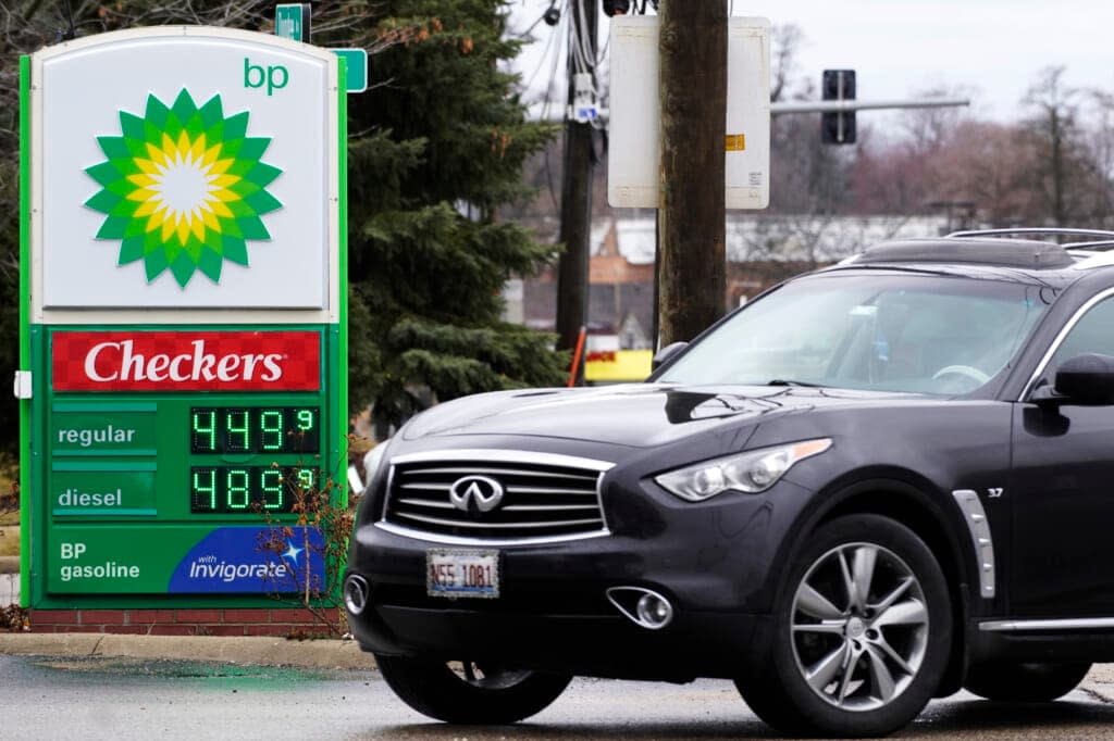 Gas prices are displayed at a BP gas station in Elgin, Ill., on March 19, 2022. Just as Americans gear up for summer road trips, the price of oil remains stubbornly high, pushing prices at the gas pump to painful heights. (AP Photo/Nam Y. Huh, File)