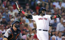 FILE - Boston Red Sox designated hitter David Ortiz, right, and Detroit Tigers catcher Jarrod Saltalamacchia watch the flight of Ortiz's three-run home run during the third inning of a baseball game July 26, 2016, at Fenway Park in Boston. Ortiz was elected to the National Baseball Hall of Fame on Tuesday, Jan 25, 2022. (AP Photo/Charles Krupa, File)