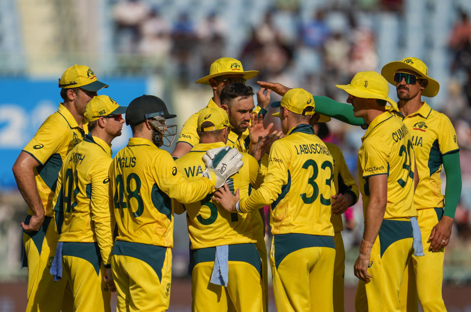 Australia's Glenn Maxwell celebrates the wicket of South Africa's captain Temba Bavuma during the ICC Cricket World Cup match between Australia and South Africa in Lucknow, India, Thursday, Oct. 12, 2023. (AP Photo/Altaf Qadri )