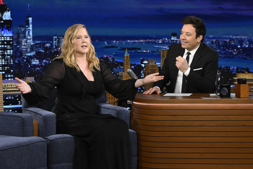 THE TONIGHT SHOW STARRING JIMMY FALLON -- Episode 1923 -- Pictured: (l-r) Comedian & actress Amy Schumer during an interview with host Jimmy Fallon on Tuesday, February 13, 2024 -- (Photo by: Todd Owyoung/NBC via Getty Images)