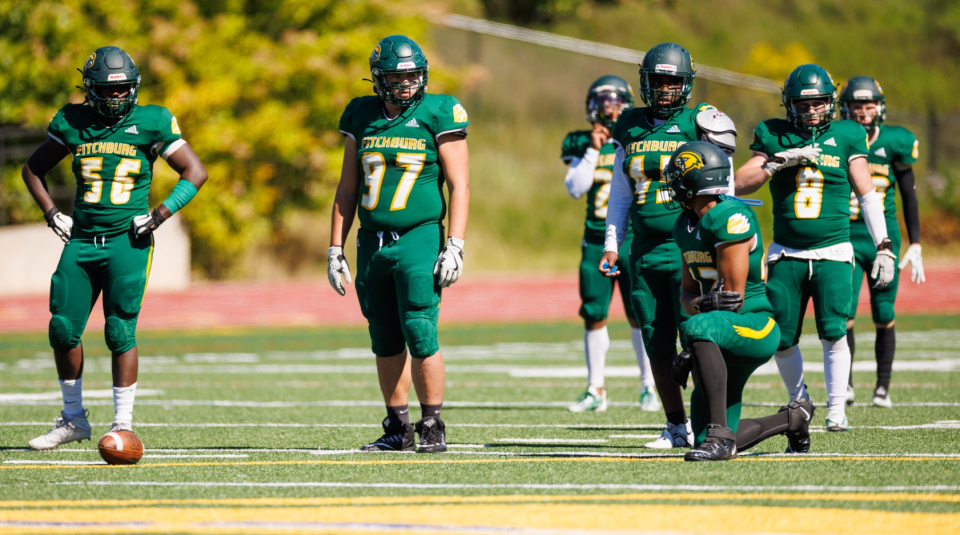 Former Murdock High star Cameron Monette, center, lines up during a drill at a recent practice at Fitchburg State.