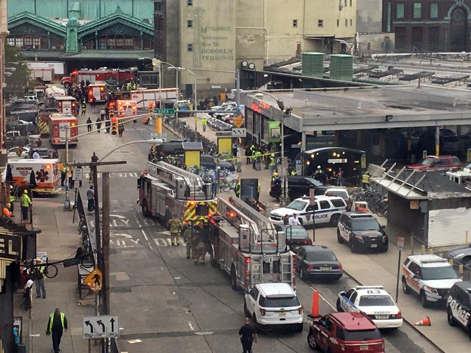 <p>Emergency personnel arrive at the scene of a train crash in Hoboken, N.J. on Thursday, Sept. 29, 2016. (AP Photo/Joe Epstein) </p>