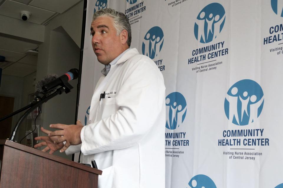 Dr. Steven Landers, President and CEO of the Visiting Nurse Health Group, speaks at the newly opened Red Bank Community Health Center Friday, March 31, 2023.   US Congressman Frank Pallone and US Health Resources and Services Administration (HRSA) Administrator Carole Johnson visited the facility to announce a grant for the Visiting Nurse Association of Central Jersey (VNACJ) Community Health Center that will help design a program for new primary care doctors to train and work there.