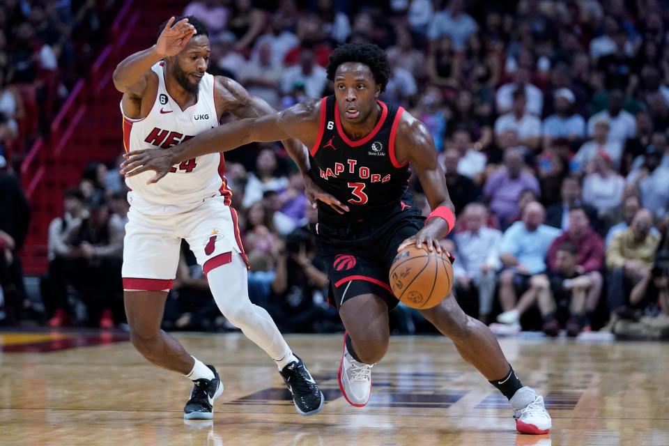 Toronto Raptors forward OG Anunoby (3) drives to the basket past Miami Heat forward Haywood Highsmith during the first half of an NBA basketball game, Monday, Oct. 24, 2022, in Miami. (AP Photo/Wilfredo Lee)