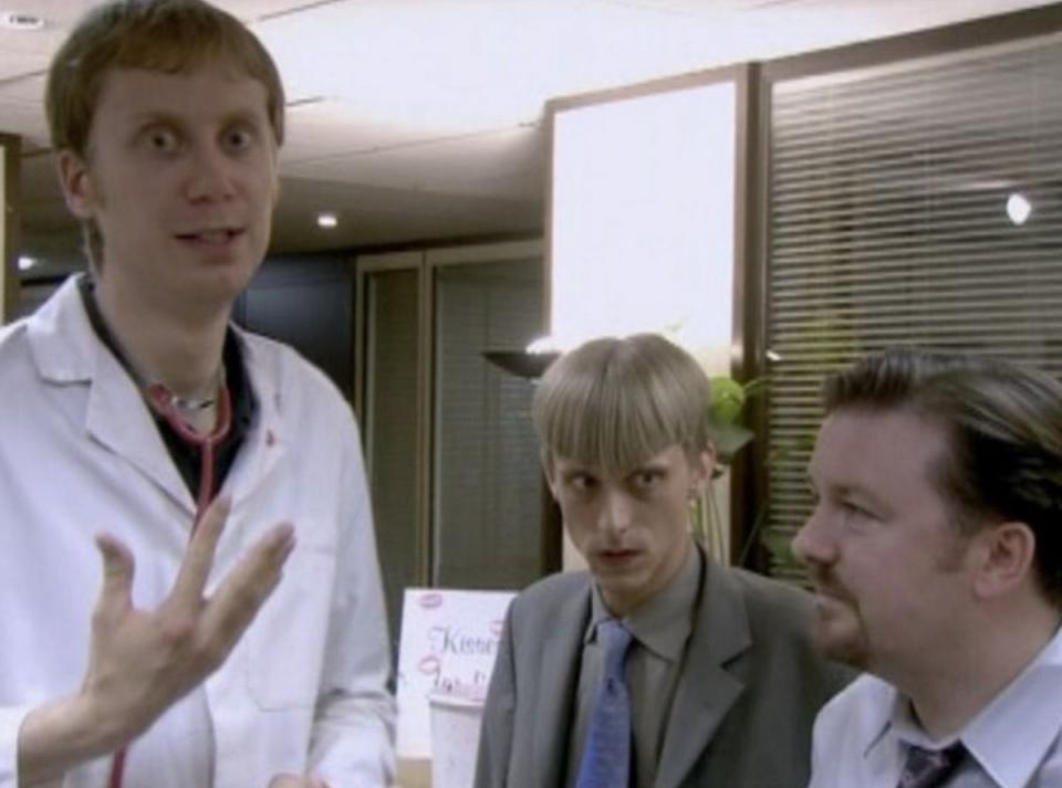 The British star pictured on an episode of The Office with Mackenzie Crook and Ricky Gervais (BBC)