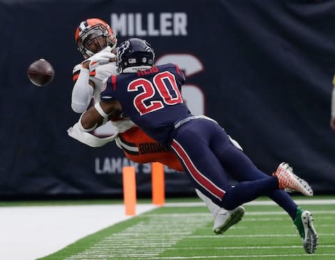 Houston Texans strong safety Justin Reid (20) breaks up a pass intended for Cleveland Browns wide receiver Jarvis Landry (80) during the second half of an NFL football game - Credit: AP Photo/Sam Craft