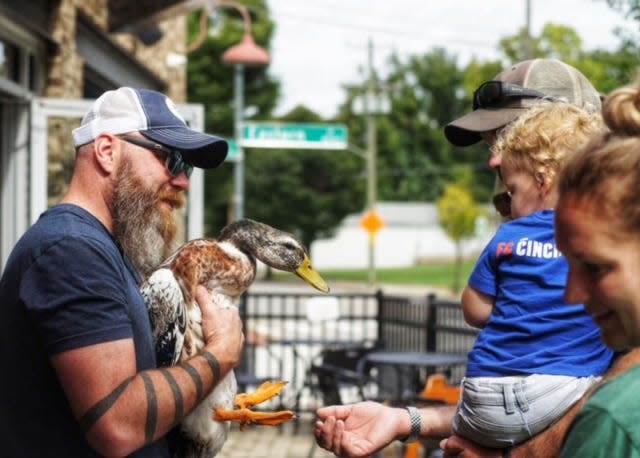 Meet and greet domestic ducks from the Longbottom Bird Ranch during "Birds & Brews" at Land-Grant Brewing Co. on Saturday.