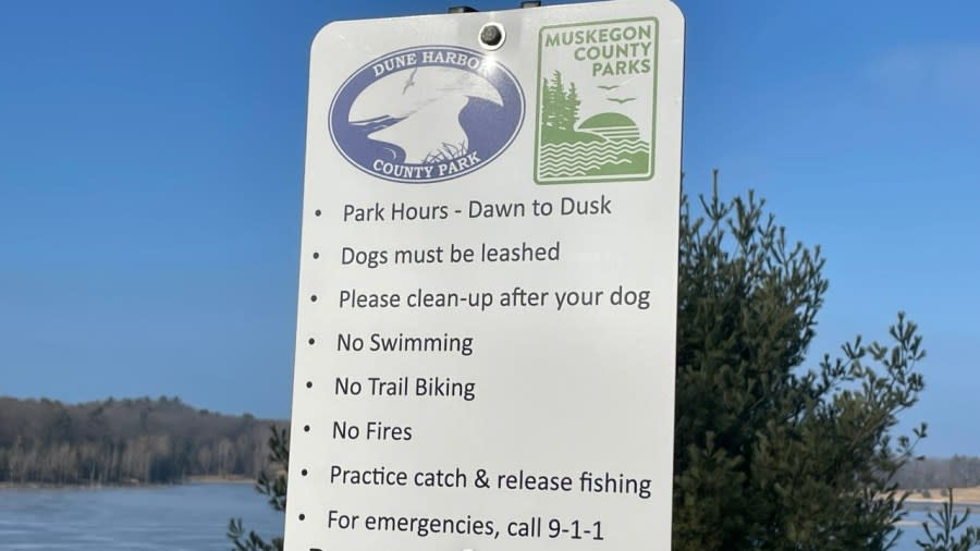 A sign explains the rules for using Muskegon County’s newest public space, Dune Harbor Park. (Matt Jaworowski/WOOD TV8)