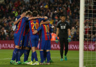 Soccer Football - Barcelona v Real Sociedad - Spanish La Liga Santander - Camp Nou stadium, Barcelona, Spain - 15/04/2017. Barcelona's players celebrate a goal. REUTERS/Albert Gea