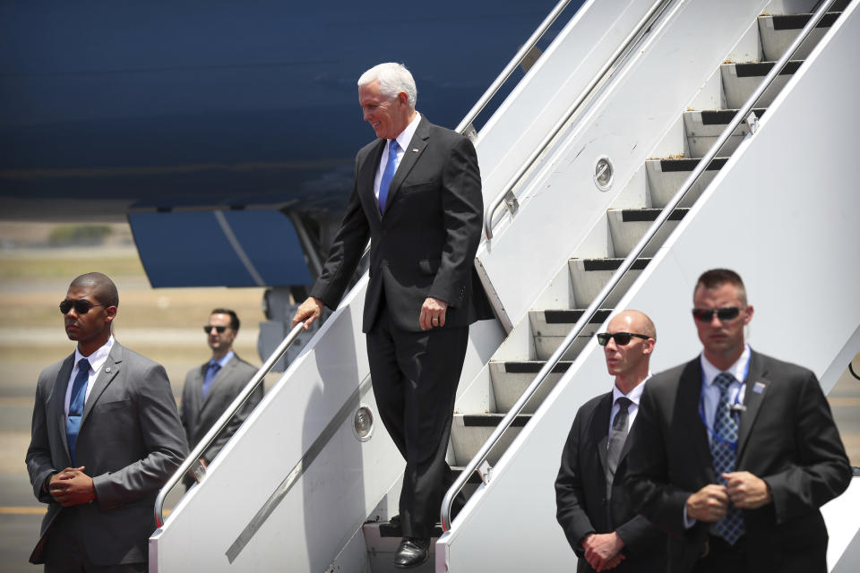 U.S. Vice President Mike Pence arrives at Jacksons International Airport in Port Moresby, Papua New Guinea, Saturday, Nov. 17, 2018. (AP Photo/Mark Schiefelbein)