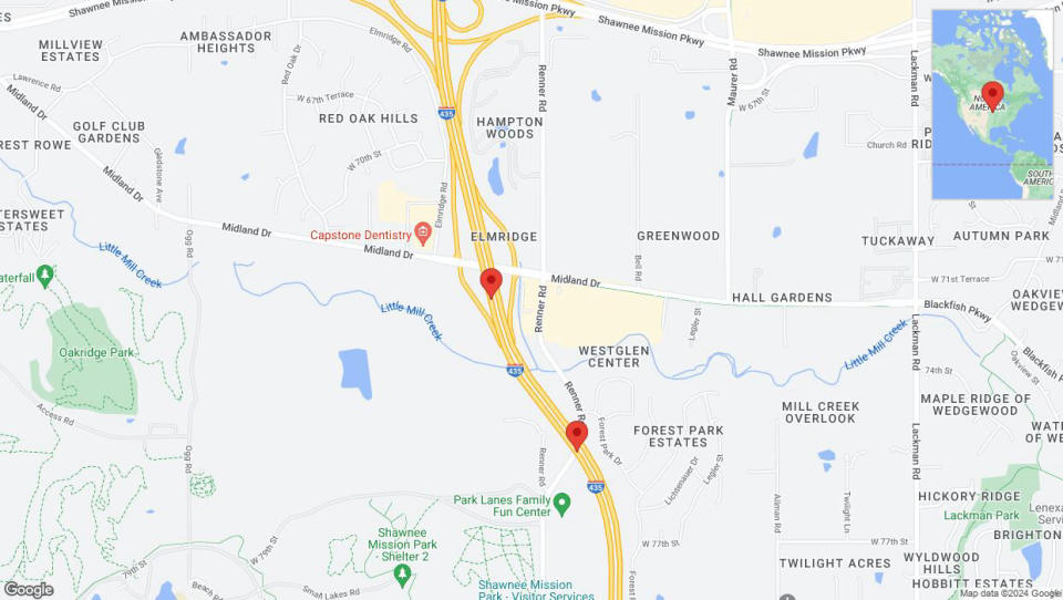 A detailed map that shows the affected road due to 'Lane on I-435 closed in Shawnee' on July 4th at 5:54 p.m.