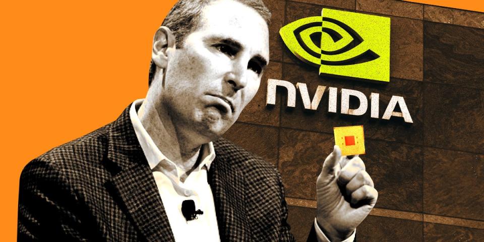 Photo collage featuring Andy Jassy, CEO of Amazon, holding a GPU chip in front of Nvidia Headquarters