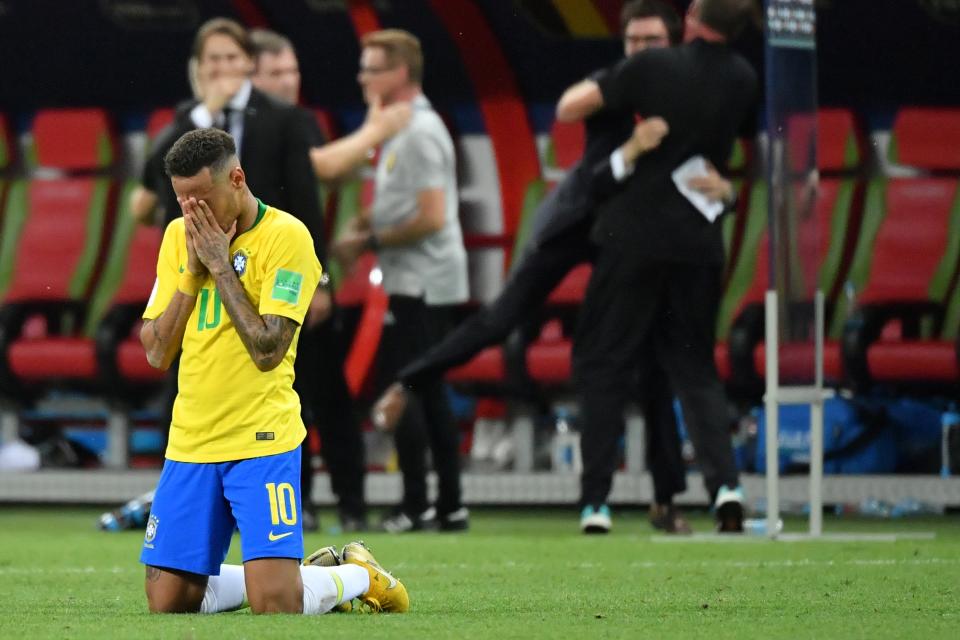 Brazil’s forward Neymar reacts at the end of the Russia 2018 World Cup quarter-final football match between Brazil and Belgium at the Kazan Arena in Kazan on July 6, 2018. (Getty Images)