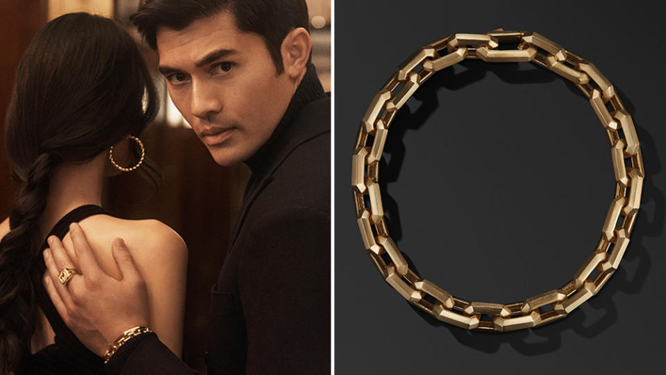 Henry Golding wearing the men's Heirloom chain link bracelet in the David Yurman Holiday 2022 campaign