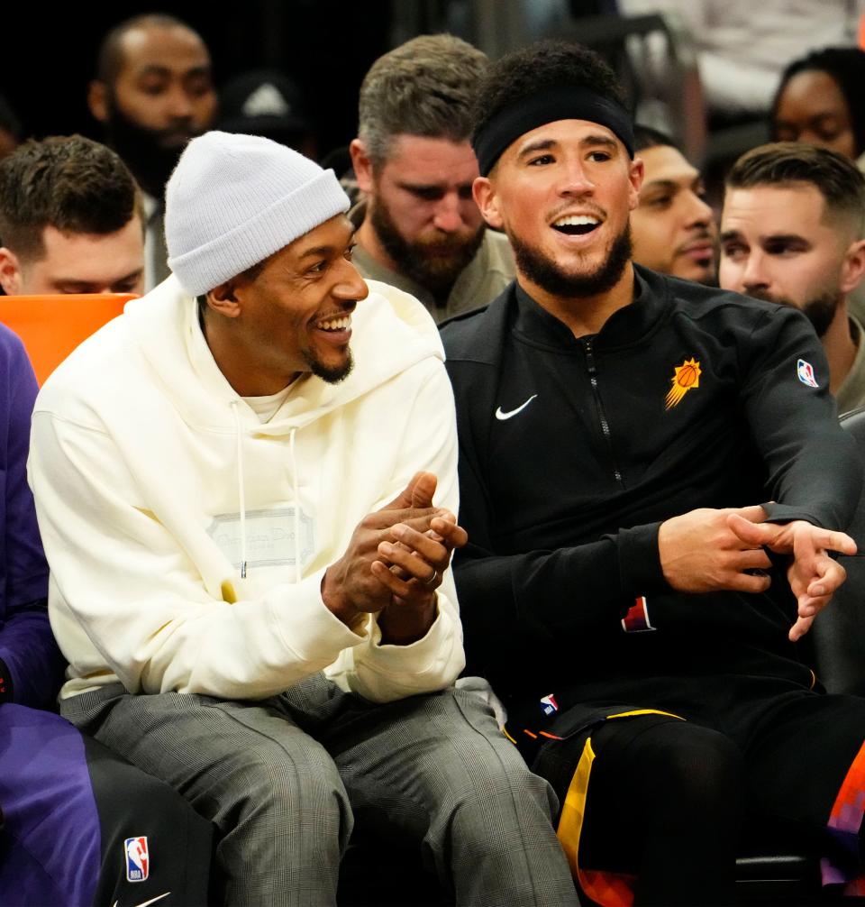 Phoenix Suns guard Bradley Beal sits out the game against the Minnesota Timberwolves in the first half at Footprint Center in Phoenix on Nov. 15, 2023.