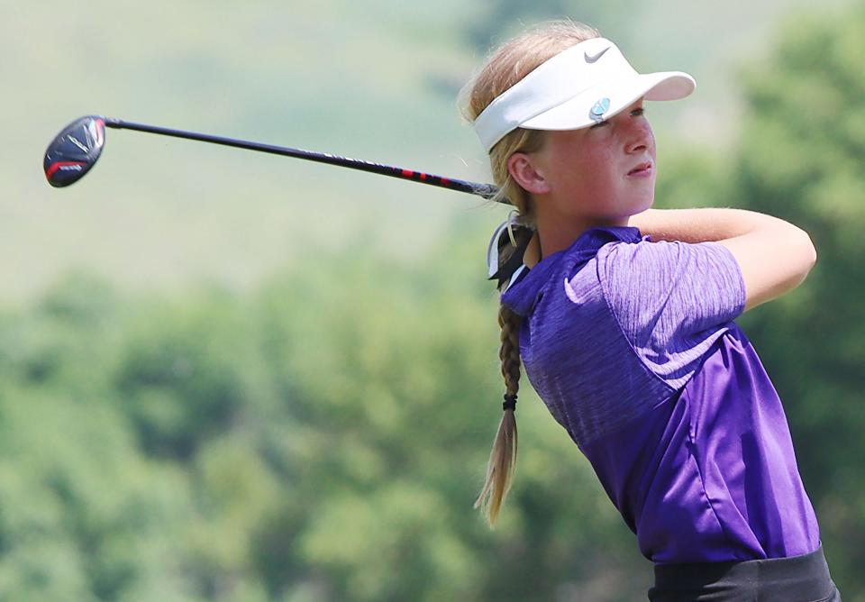 Avery Palmquist of Watertown hits a tee shot on No.  15 during the opening day of the state Class AA girls golf tournament on Monday, June 5, 2023 at the Hillsview Golf Course in Pierre.