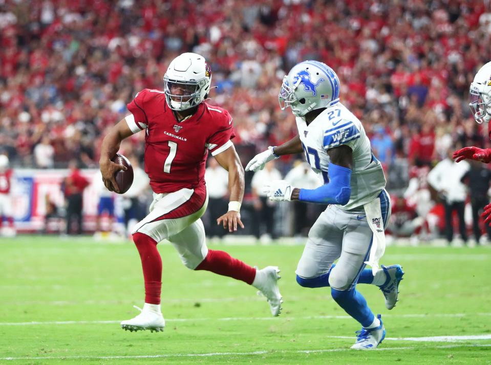 Cardinals quarterback Kyler Murray runs the ball against the Lions in overtime of the Lions' 27-27 tie on Sunday, Sept. 8, 2019, in Glendale, Arizona.