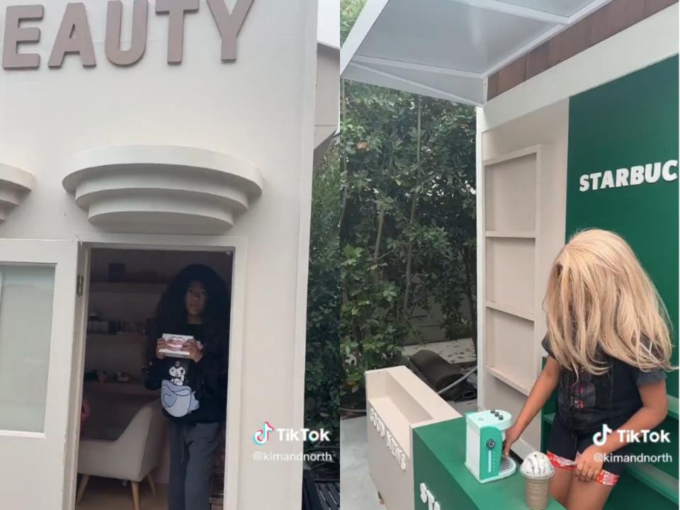left: ryan romulus posing inside a miniature KKW beauty store; right: north west wearing a blonde wig playing with a toy espresso machine at a miniature starbucks storefront