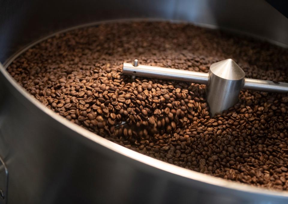 Roasted beans for the Guatemala Huehuetenango at Bent Tree Coffee Roasters need to cool down after the roasting. The coffee roastery plans to relocate from a space inside Madcap Brewing Co. in Kent to a building on North Mantua Street.