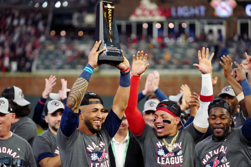 Braves celebrate after winning the NLCS.