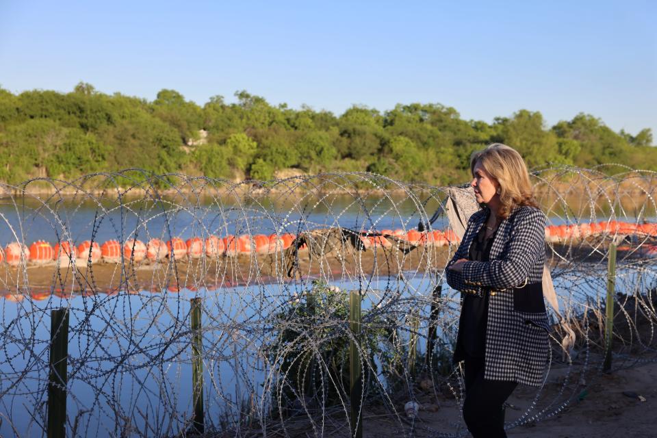 U.S. Sen. Marsha Blackburn stands on the U.S. border with Mexico during a visit to Eagle Pass on March 26, 2024.