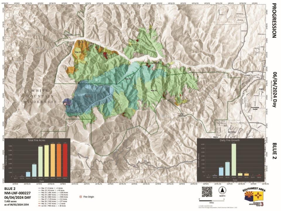 A map shows the progression of the Blue 2 Fire burning near Ruidoso as of June 4, 2024.