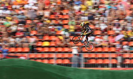 2016 Rio Olympics - Cycling BMX - Preliminary - Women's BMX Seeding Phase Runs - Olympic BMX Centre - Rio de Janeiro, Brazil - 17/08/2016. Mariana Pajon (COL) of Colombia competes. REUTERS/Eric Gaillard