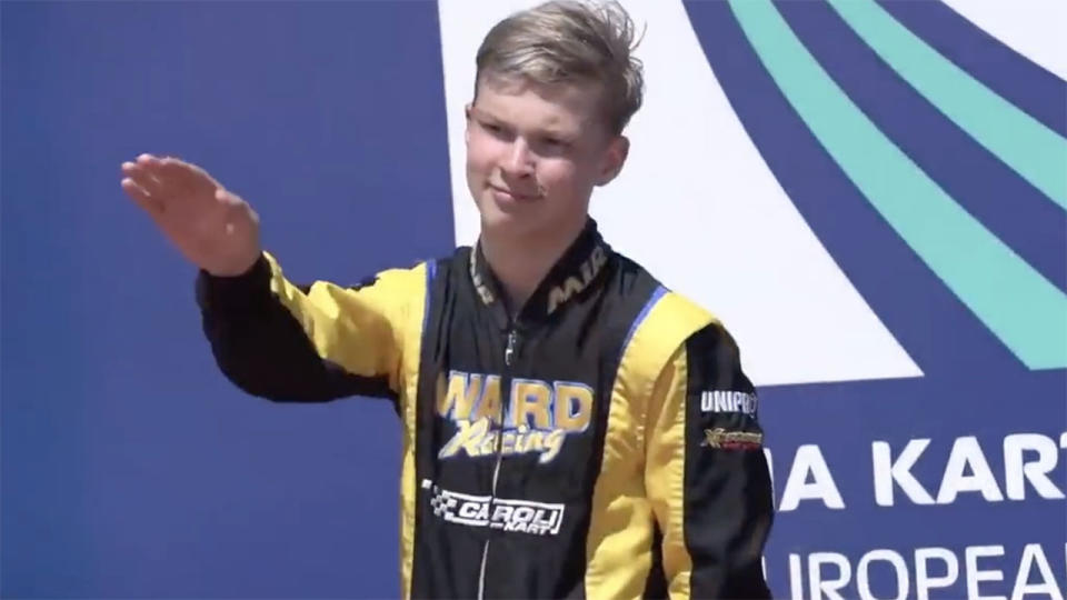 Artem Severiukhin, pictured here appearing to make a nazi salute on the podium.