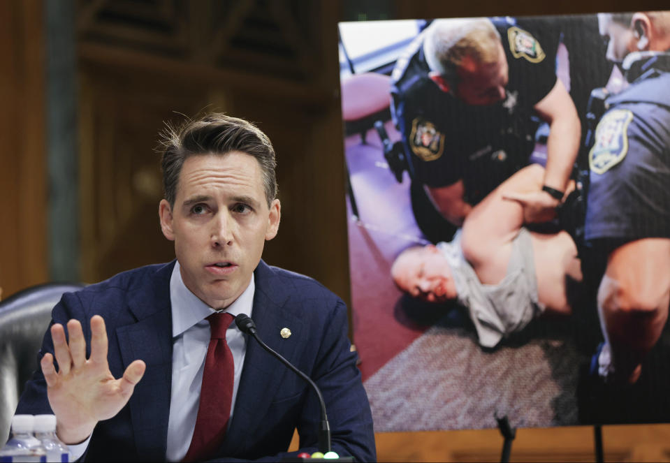 Sen. Josh Hawley, R-Mo., questions Attorney General Merrick Garland during a Senate Judiciary Committee hearing examining the Department of Justice on Capitol Hill in Washington, Wednesday, Oct. 27, 2021. (Tasos Katopodis/Pool via AP)